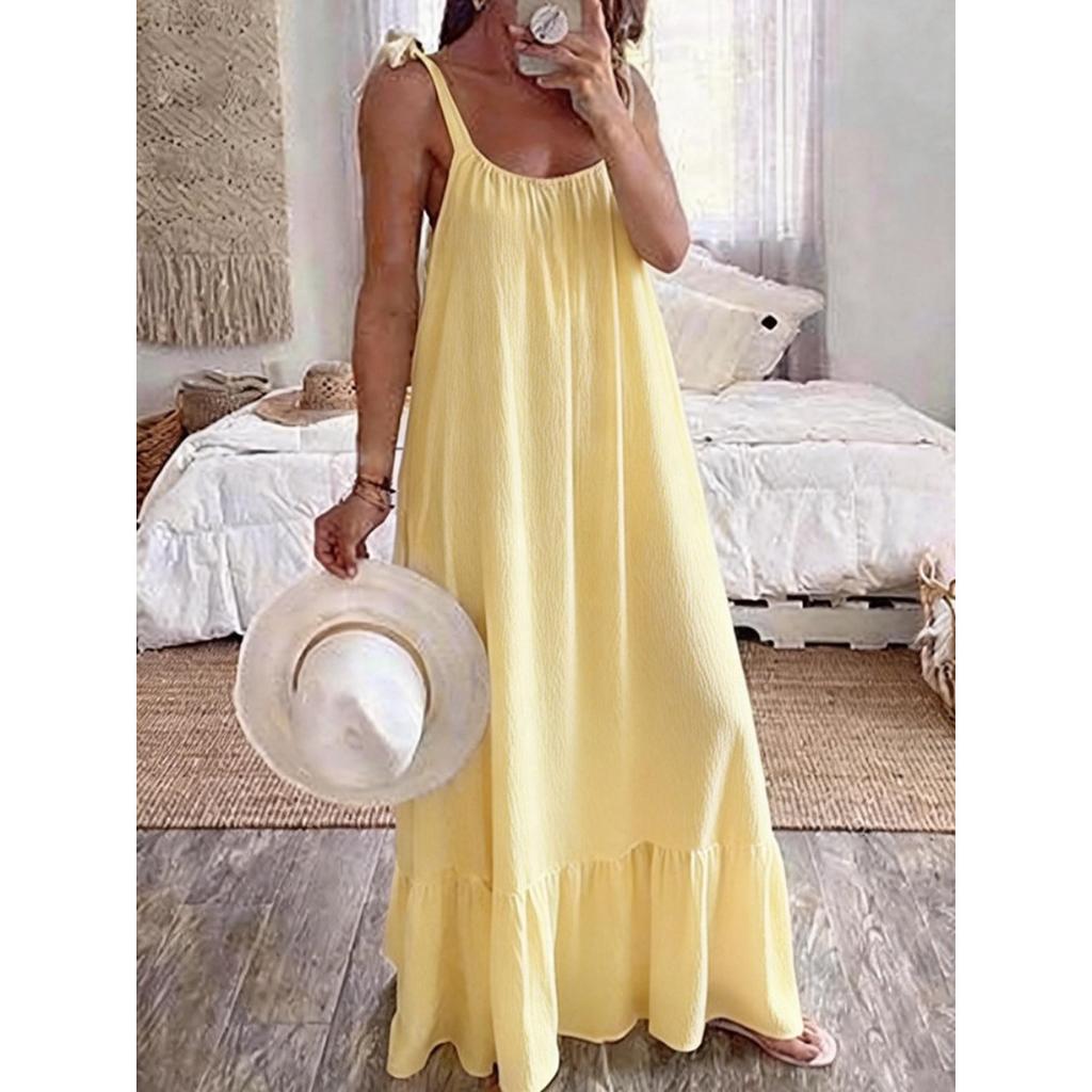 New Women's Casual Dress, U Neck Sleeveless Strap Midi Dress, Ruched Solid Color Long Dress for Ladies