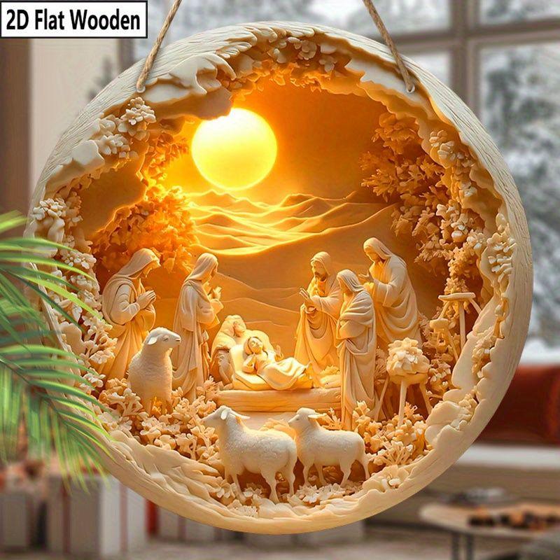 Přívěsek Svatá noc Betlémská scéna, dekorace na stěny nebo dveře domova, 2D plochý dřevěný, vánoční dekorace, dárky pro přátele a rodinu
