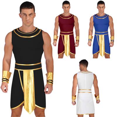 Men Ancient Egypt Greek Role Playing Costume Halloween Theme Party Round Neck Sleeveless Dress with Cuffs