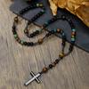 Natural Stone Black Gallstone Yellow Tiger Eye Iron Stone Cross Religious Men's Necklace Men's Hip Hop Necklace