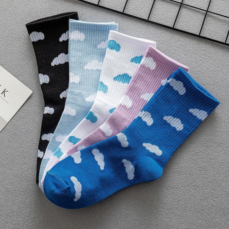 1/5 Pairs Cloud Patterned Women Mid Tube Cotton Socks Soft Comfortable Odor Proof Sweat Absorbing Breathable Casual Socks