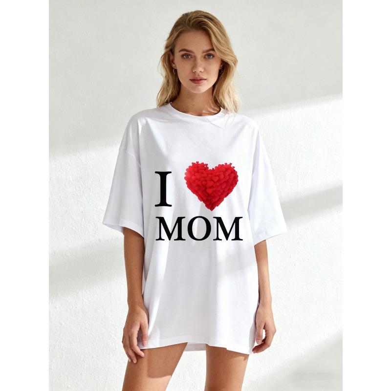 Camiseta Oversized Preta Estampa Coração I Love Mom Para Presente de Dia das Mães Roupa Casual Feminina
