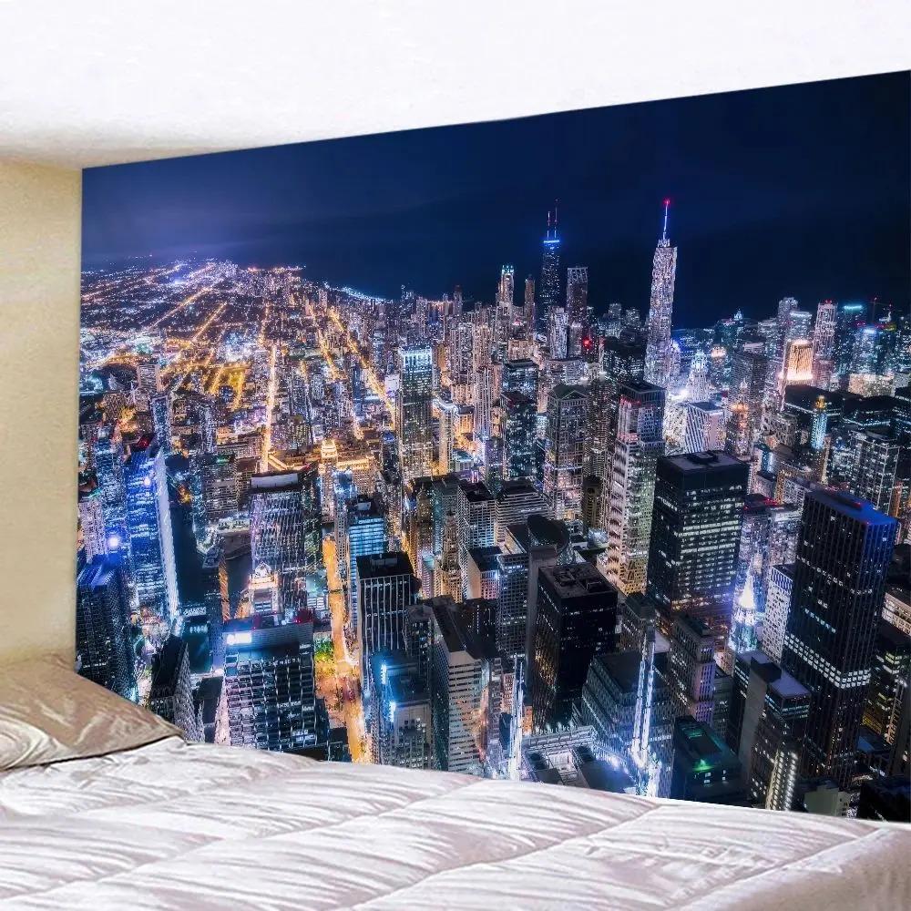 New York City Skyline Tapestry Bohemian Night Scene Wall Art for Living Room Bedroom Decor Hippie Style Urban Landscape Hanging