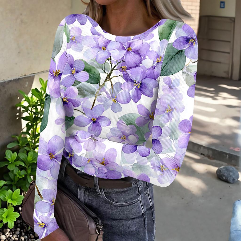 Women Casual Crew Neck Long Sleeve Ribbed Top with All Over Floral Print Lightweight Pullover Blouse for Daily Wear