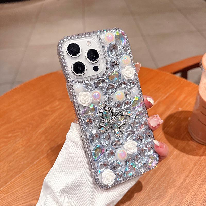

Luxury Anti-fall iPhone 16 Pro Max Case with Butterfly, Pearl, Rhinestone, and Rose Flower Design iPhone 16 Plus