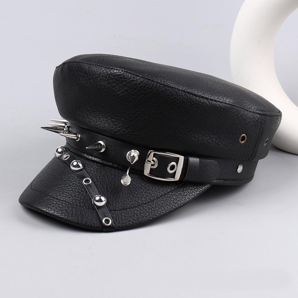 Punk Y2k Beret Hat Harajuku Flat Top Cap Vintage Rivet Leopard Hat  for Girls