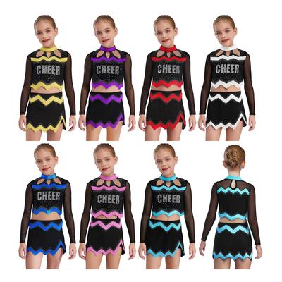 Girls Cheer Leader Costume Long Sleeve Hollow Out Shiny Rhinestone Crop Top Dance Skirt Set Cheer Uniform