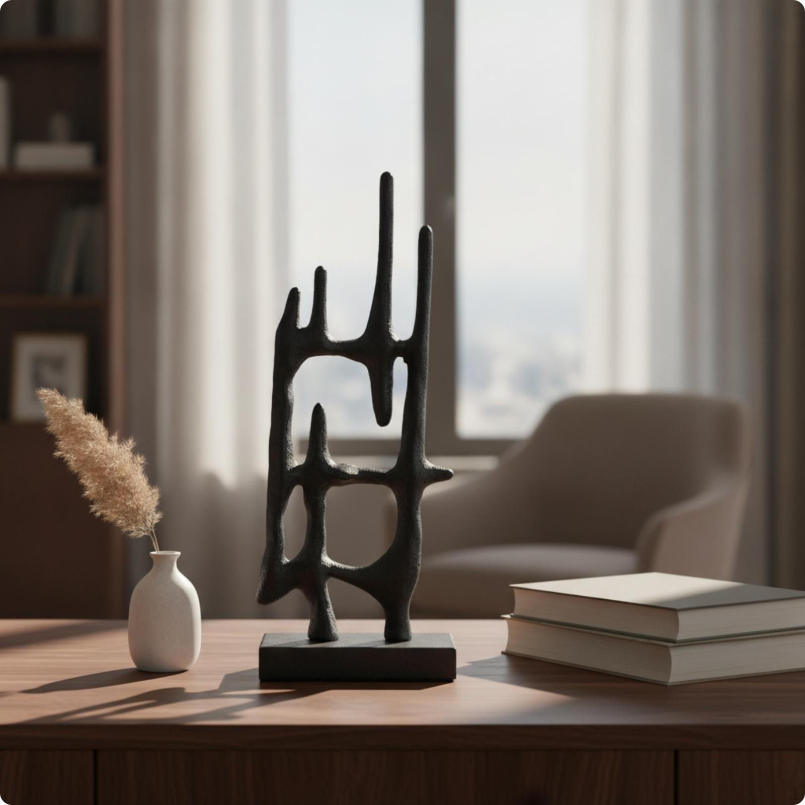 Metal Sculpture Geometric with Rectangular Base Textured Abstract Statue for Home