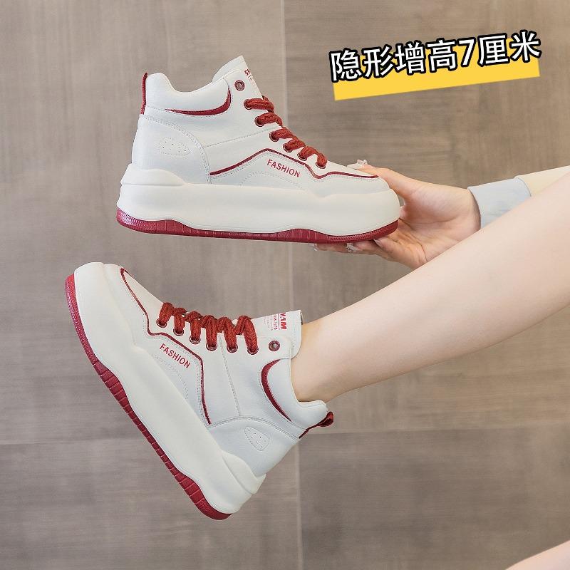 Autumn New Casual Shoes Sports Shoes Lace-up Women's Shoes Inner Height Increase Thick Sole High Top White Shoes Versatile