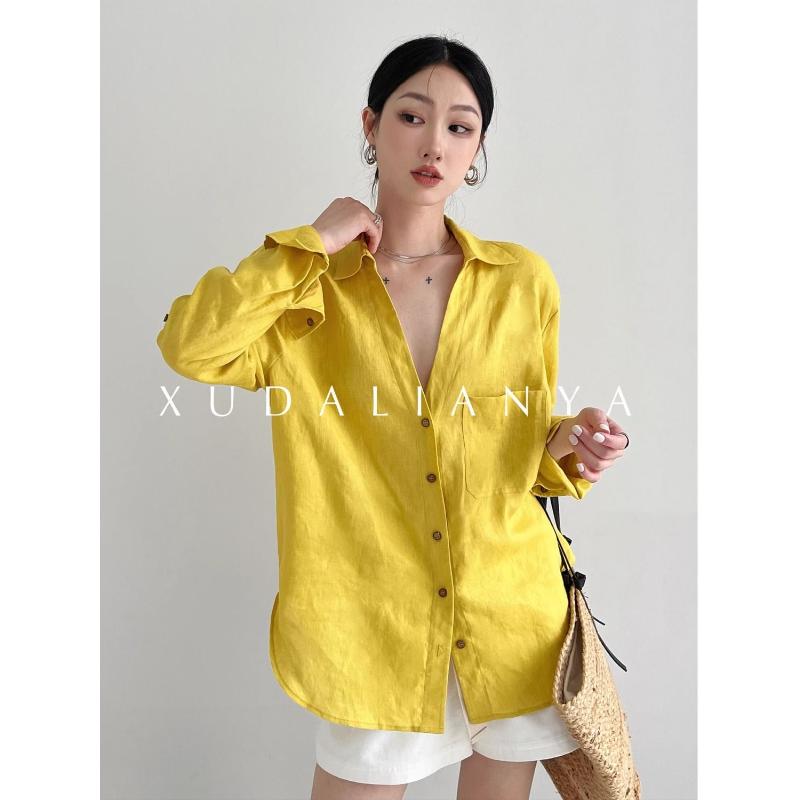 Women s Yellow Oversized Linen Blouse V-Neck Button Front Long-Sleeve Casual Top S