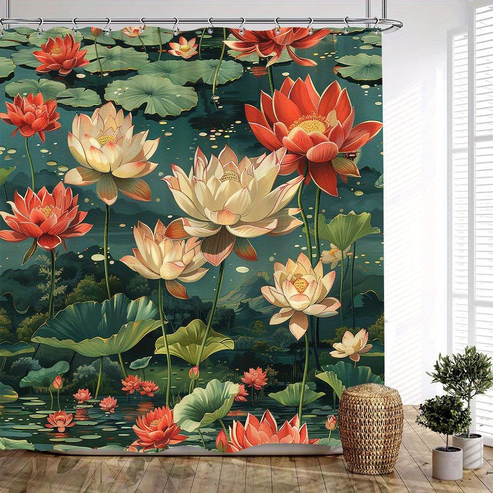 

1Pc Water Lily Pond Shower Curtain - Vibrant Red Pink White Blooms & Green Foliage On Dark Water Surface, Tropical Garden Fantas W60H190(CM)-1 Pcs