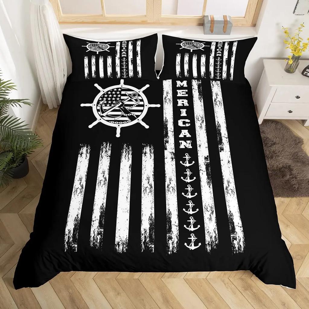 Nautical Anchor Pattern Duvet Cover Set King,Geometric Stripes Ocean Adventure Theme Quilt Navy Blue and Red Bedding Set 3pcs