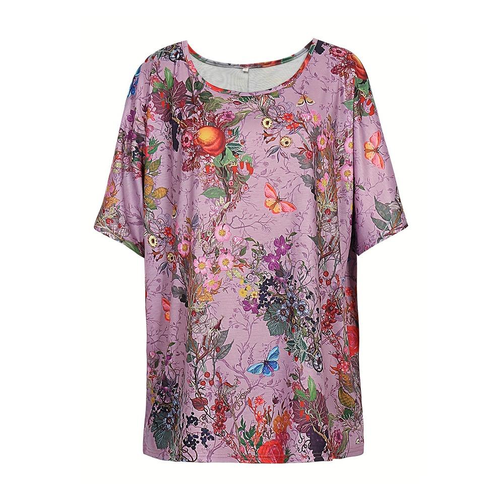 plus Size Women s Floral T-Shirt Summer 2026 Short Sleeve Casual Loose Vintage Streetwear Fashion M