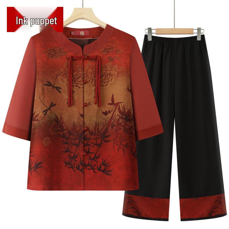 MooOu Elderly Women's Summer Chinese Style Loose Shirt Set