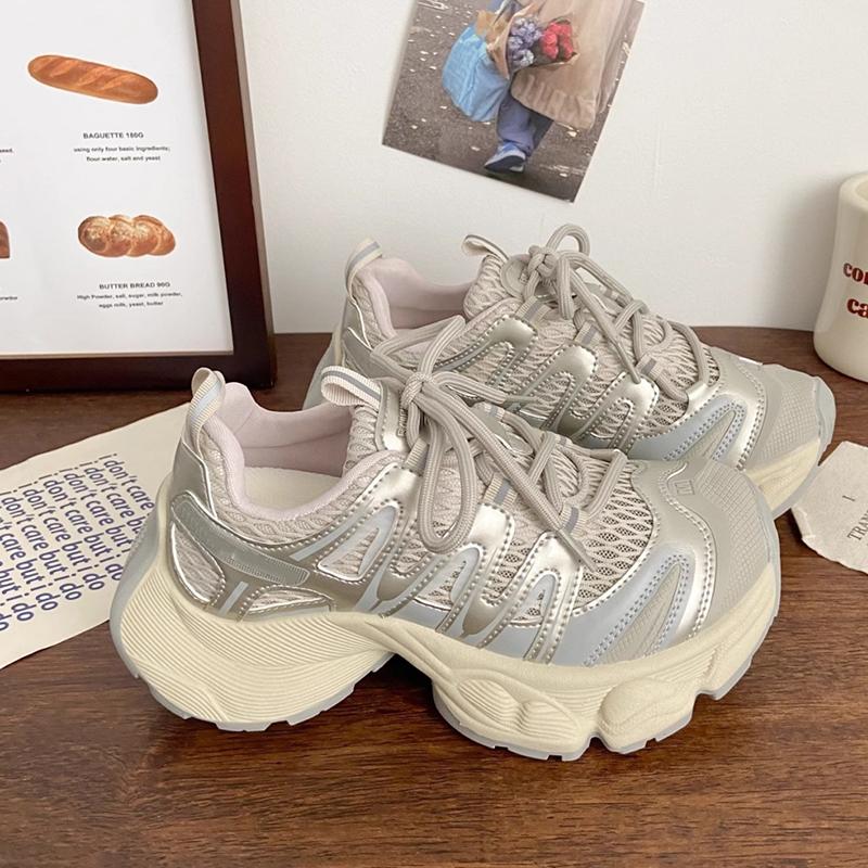 

Fashion Breathable Mesh Thick Bottom Sneakers Women 2025 Autumn Chunky Platform Medium Heel Sneakers Comfort Soft Lace Up Running Shoes 35 серый