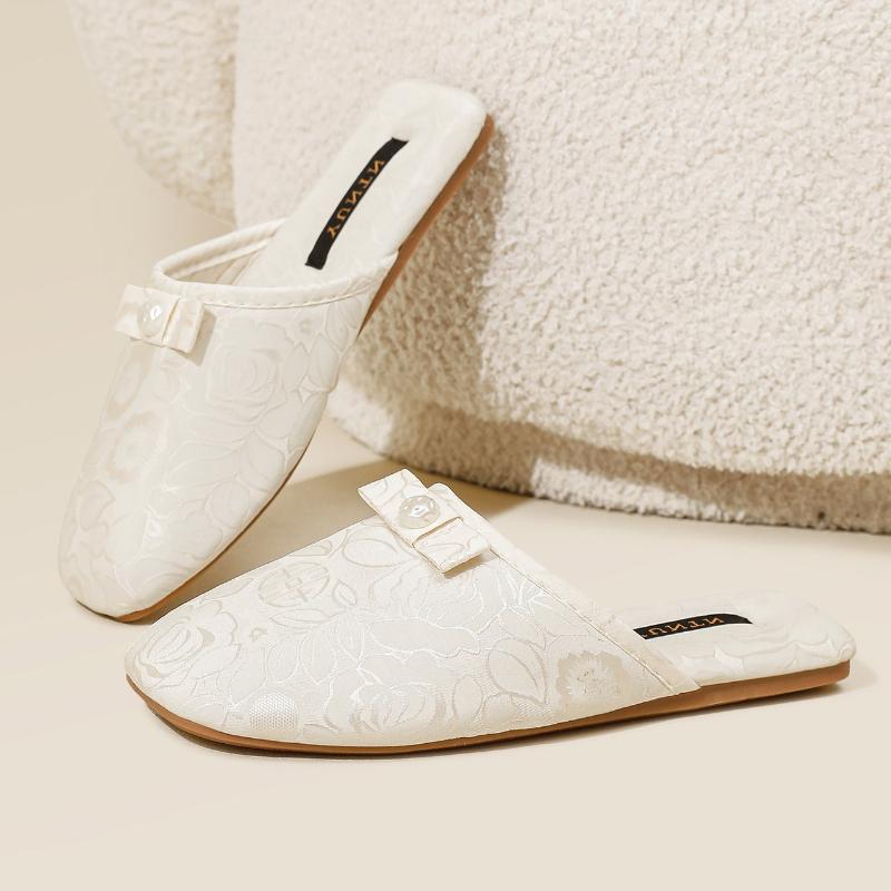 Fashion Fashion String Bead Bow Decoration Slippers Women Elegant Round Toe Rose Totem Designer Shoes Comfort Lightweight Home Slippers