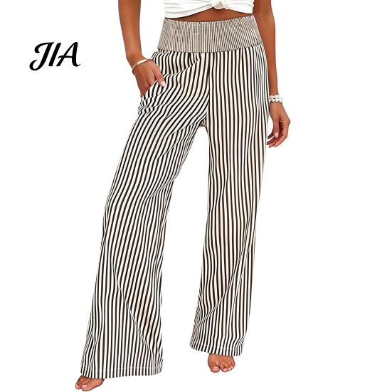 Breathable Loose Trousers Women Striped Wide Leg Pants, Summer Elastic Waist Casual Trousers, Fit Palazzo Pants with Pockets Soft Lounge