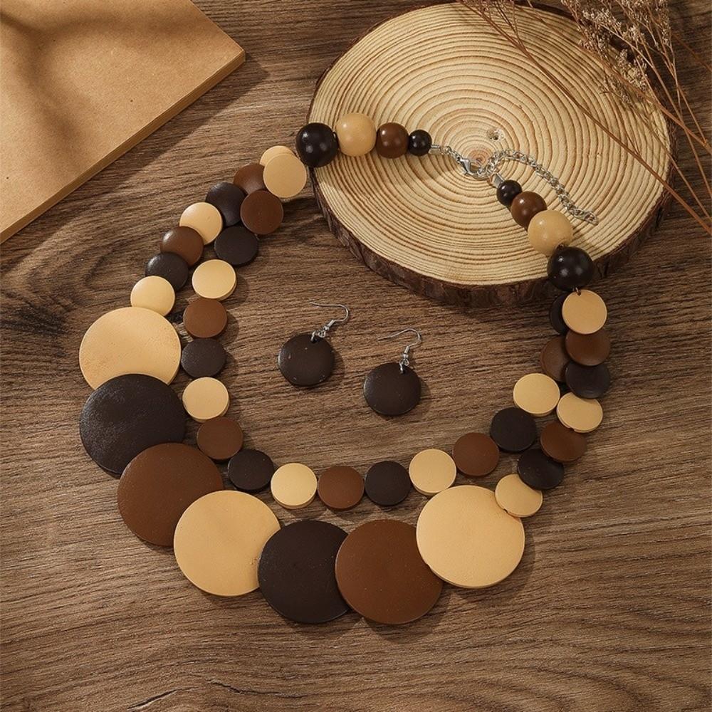 Necklace Wooden Beaded Necklace Double-layer Jewelry Set Exaggerated Round Necklace Beach