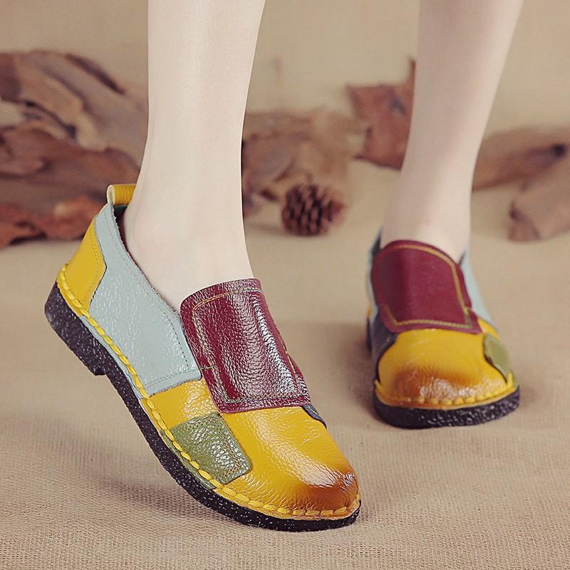 New Flat Women's Shoes Genuine Leather Casual Color-blocking Women's Singles Shoes Middle Mother's Shoes Large Size Shoes