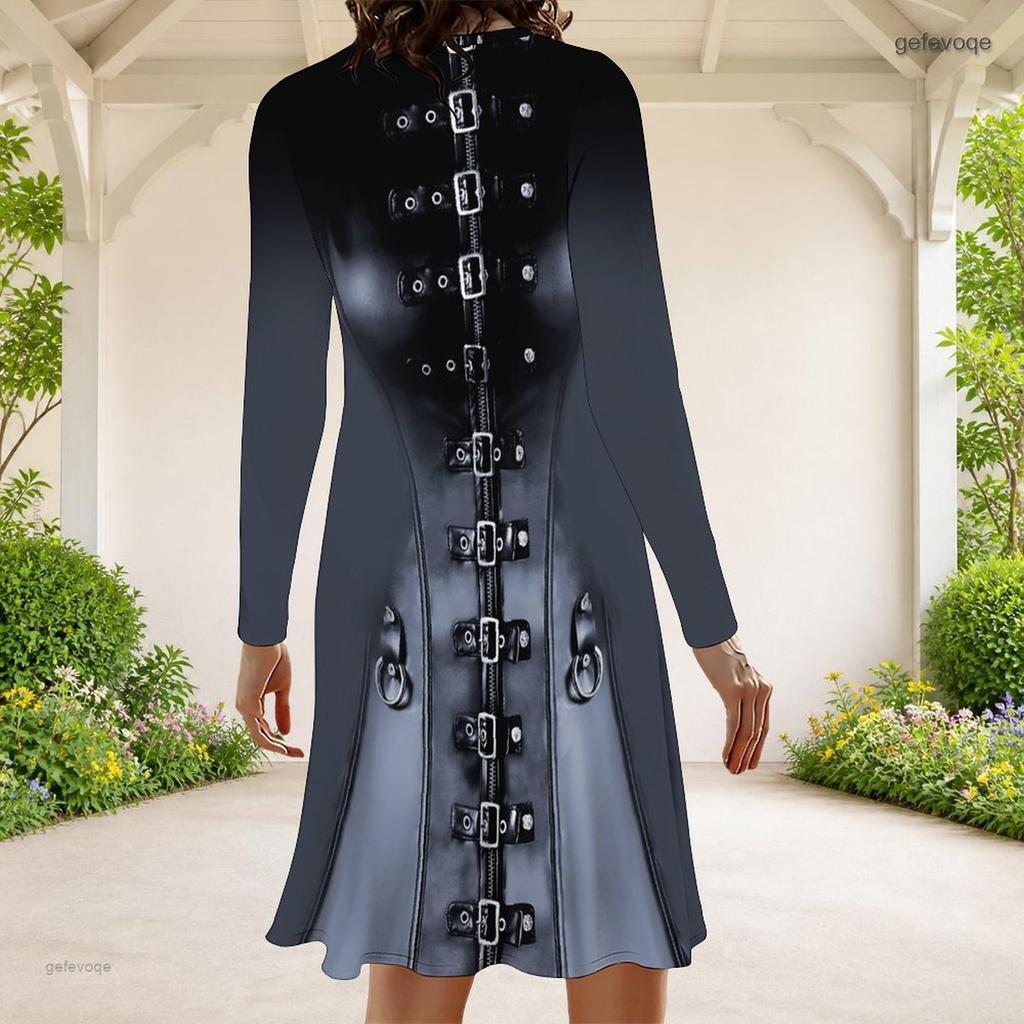 Women Plus Size Round Neck Long Sleeve White Floral Printed A Line Dress