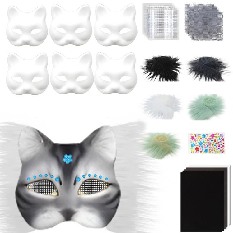 6Pieces White Cats Face Mask Unpainted Masquerades Mask for Halloween Includes Furry Trim Eye Mesh Felted Cloth Sticker
