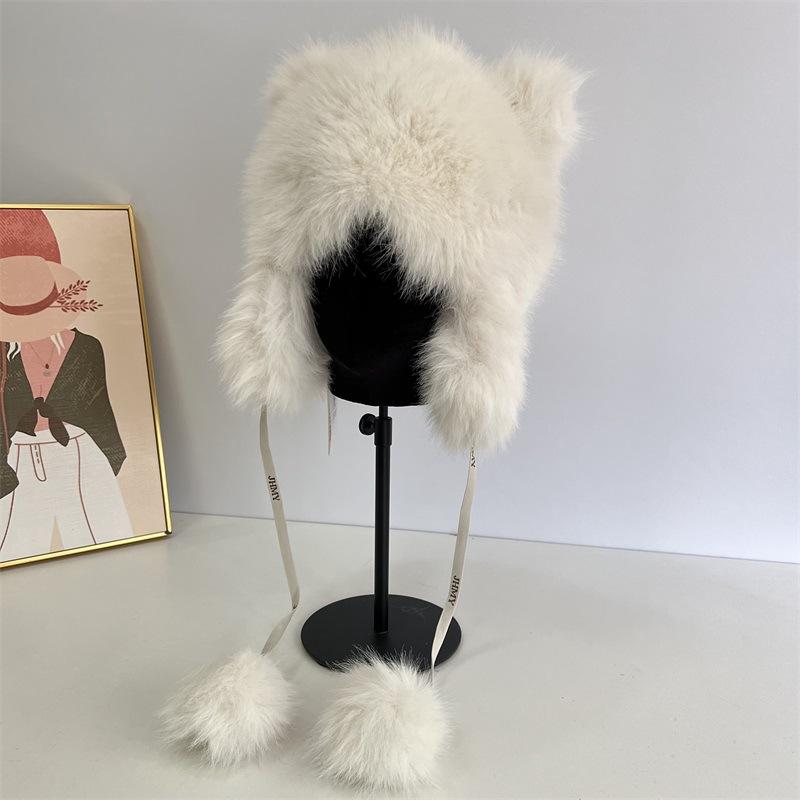 Cute bear-eared Lei Feng hat children's winter warm imitation mink hair ear protection hat cute tail tether hairball plush hat