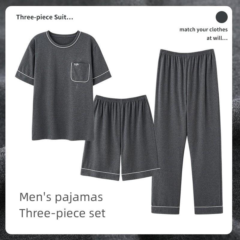 

Новые мужские летние брюки с короткими рукавами, комплект из трех предметов, тонкая повседневная футболка, шорты, домашняя одежда, пижамы 4XL темно серый