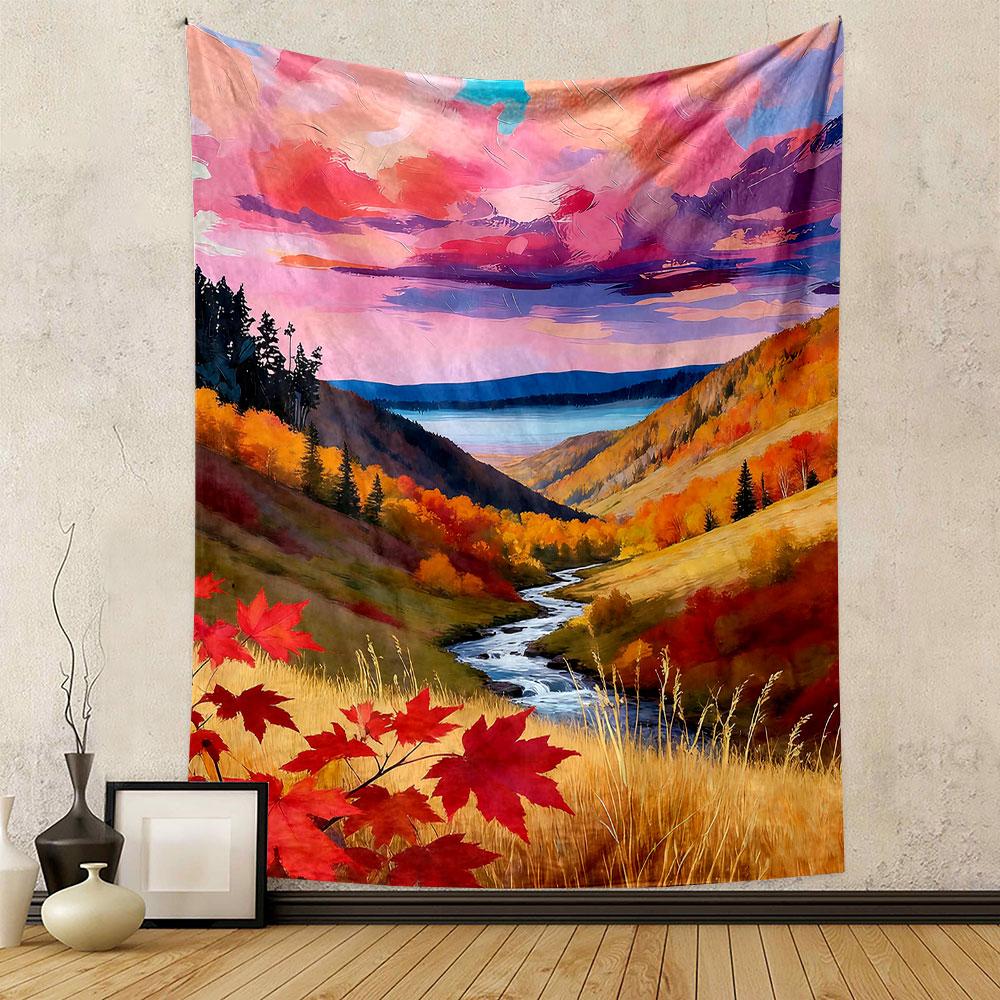 Autumn Valley Sunset Landscape Painting Patterned Tapestry Home Decor, Suitable for Bedroom and Living Room, Gift