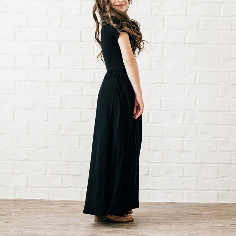 Laste tüdrukute lühikeste varrukatega ühevärviline vaba vabaaja pikk taskutega kleit