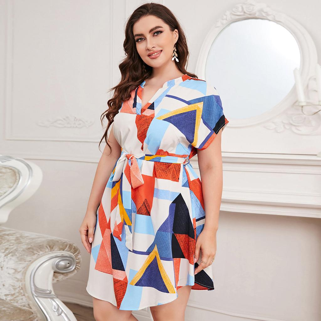 Summer Women's Short Sleeve Dress Temperament Elegance Fashion Party Dress Plus Size High-waisted Dress Patchwork Color Design