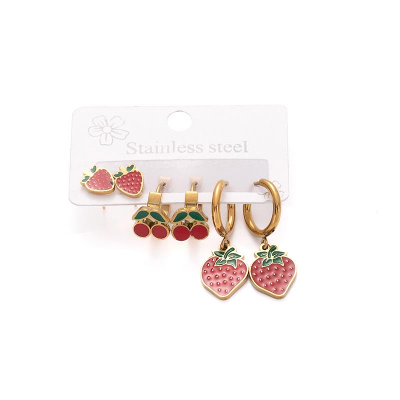 Strawberry Cherry Titanium Steel Earrings - Women's Sweet Versatile Jewelry