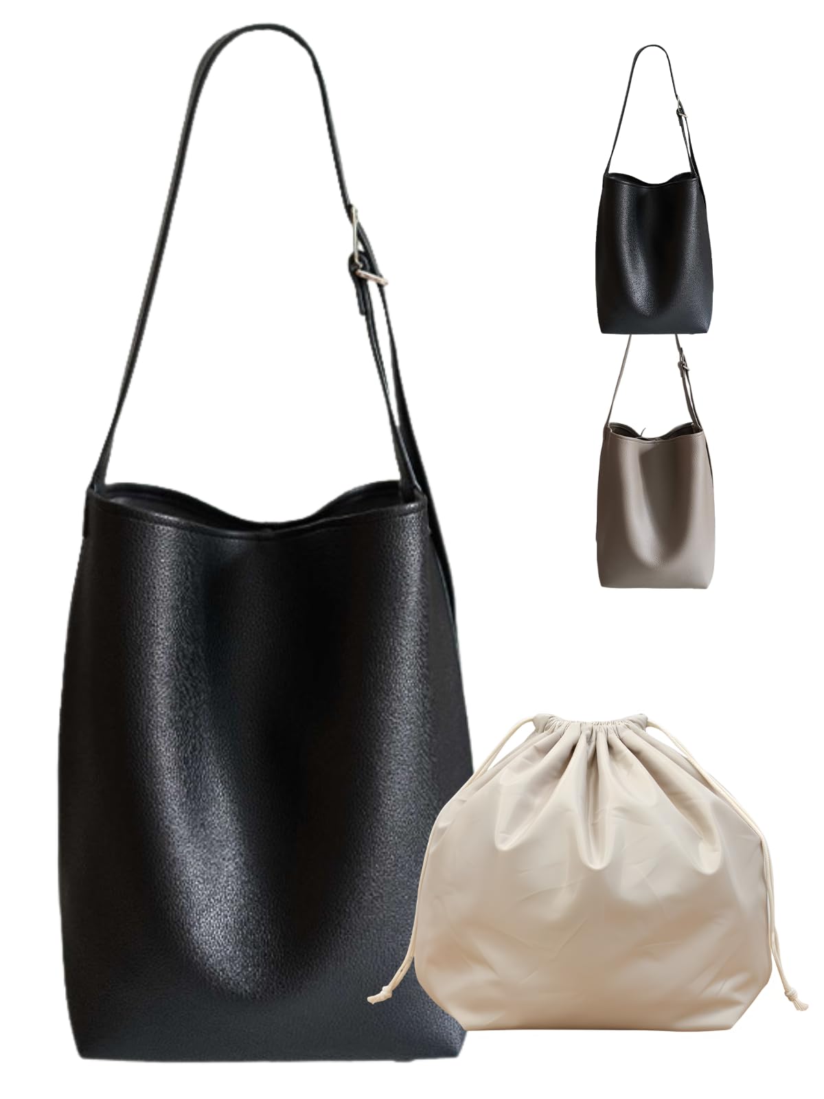 

Women s A4 Tote Bag, Vertical, Faux Leather, Shoulder Bag with Drawstring, Laptop Storage, One-Handle, Unisex, Black