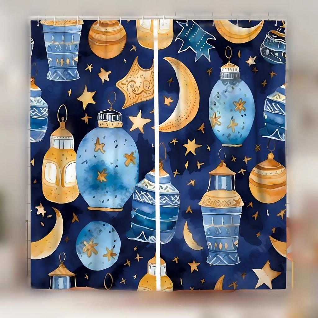 2pcs Translucent Polyester Window Curtain Ramadan Lamp Arch Moon Star Lantern Holiday Decor Living Room Bedroom Office Home
