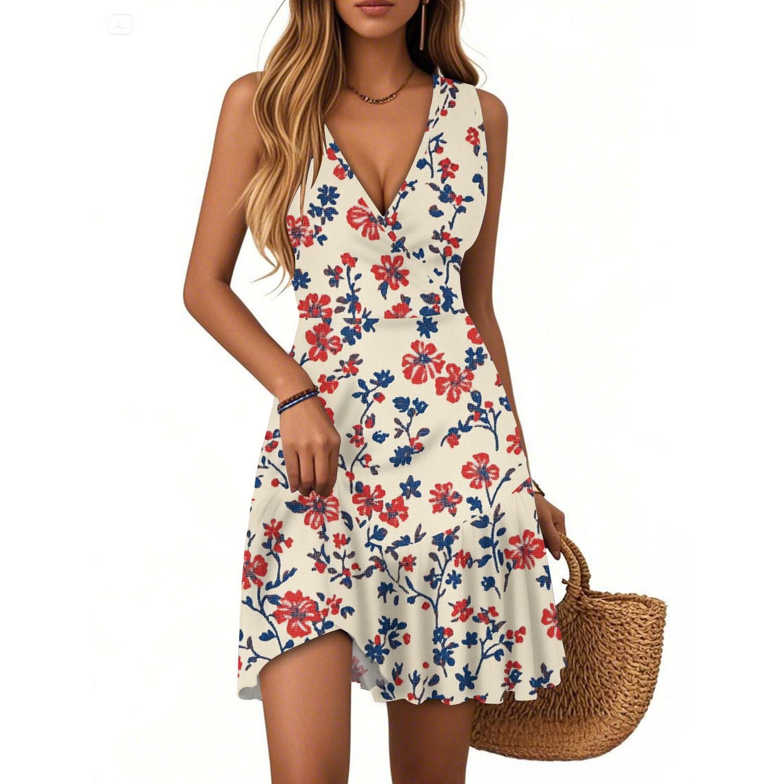 

Women s Dress V-neck Sleeveless Casual Floral Print Hem Pleated Dress XL кавун червоний колір