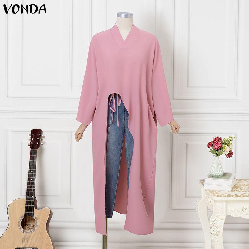 VONDA Plus Size Women Casual Loose V Neck Long Sleeve High Split Irregular Long Blouse Tops
