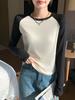 Women's Black and White Patchwork Long Sleeve Retro Slim Fit T-shirt, 2026 Spring/Autumn, Round Neck Base Layer.
