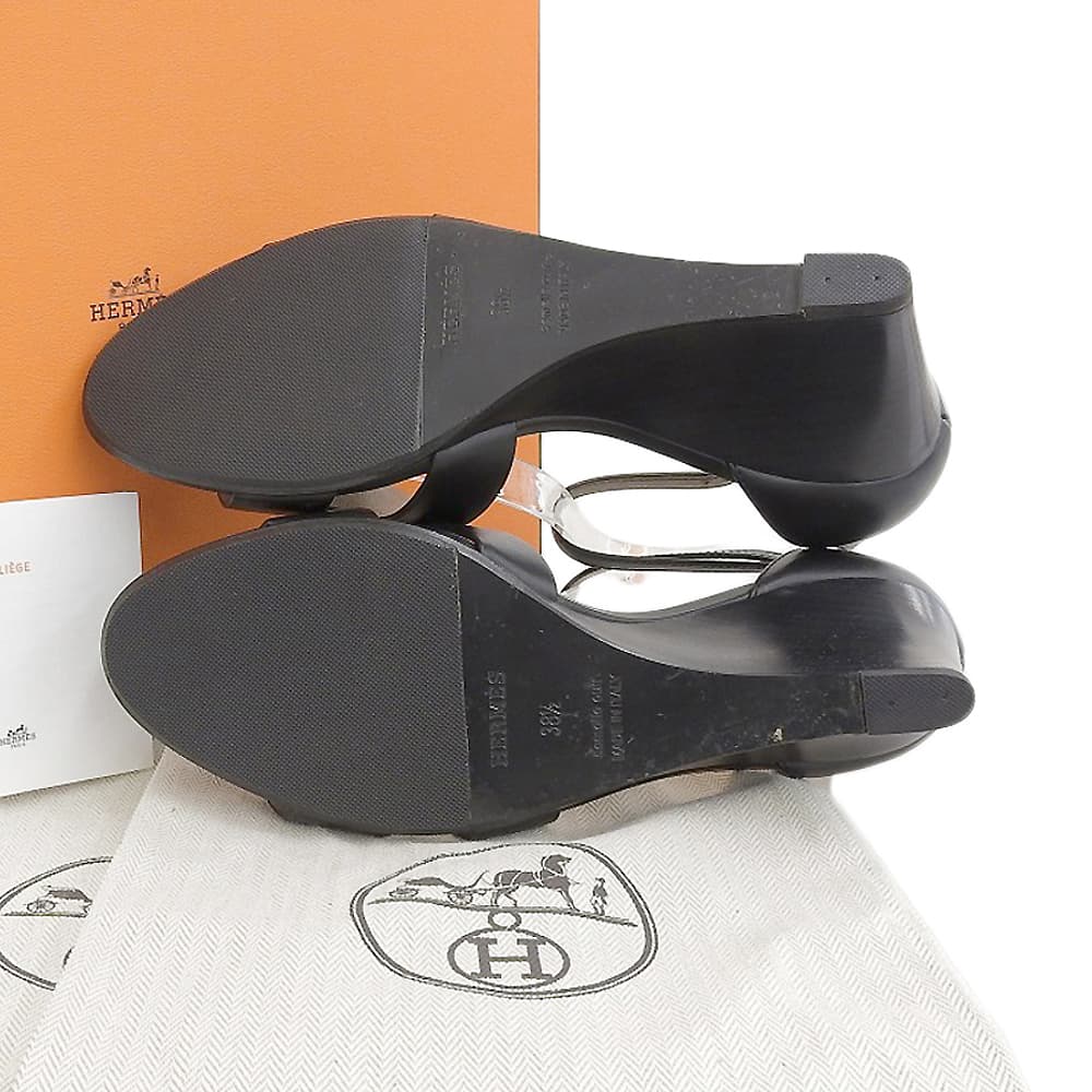 HERMES Legend Calfskin Sandals Women's Black 38 1/2 shoes black leatherUsed