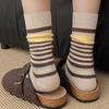 Korean Retro Mori Color Block Striped Mid-Calf Socks - Women's Breathable Autumn/Winter Birkenstock Double-Needle Scrunch.