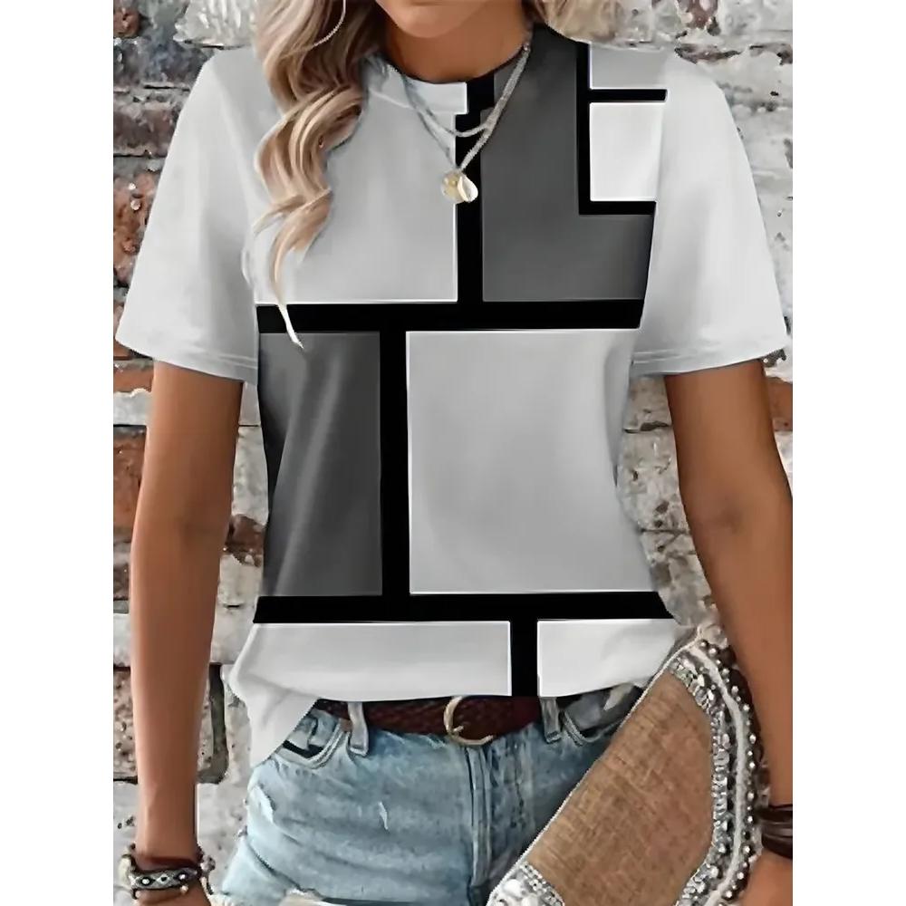 Fashion Versatile Striped Printed Top Casual Loose Short Sleeves Comfortable Breathable T-Shirts Women’s