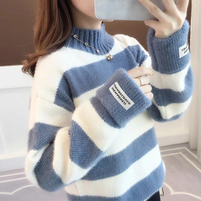 WTEMPO Mink Fleece Half Turtleneck Gensere Dame Høst Vinter Tykke Løse Gensere Stor Størrelse Tilfeldig Bunn Strikkede Overdeler Gensere