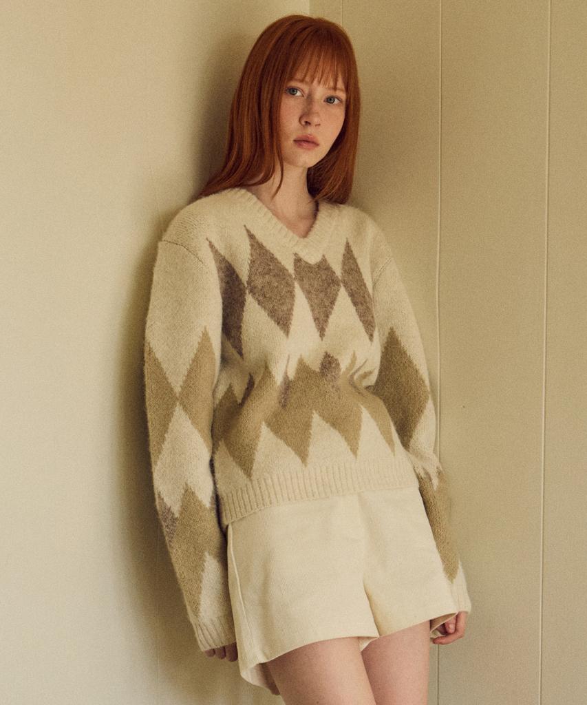 Wednesday Oasis For Woman Always Crop Argyle Hairy Wool Knit 2 Colors