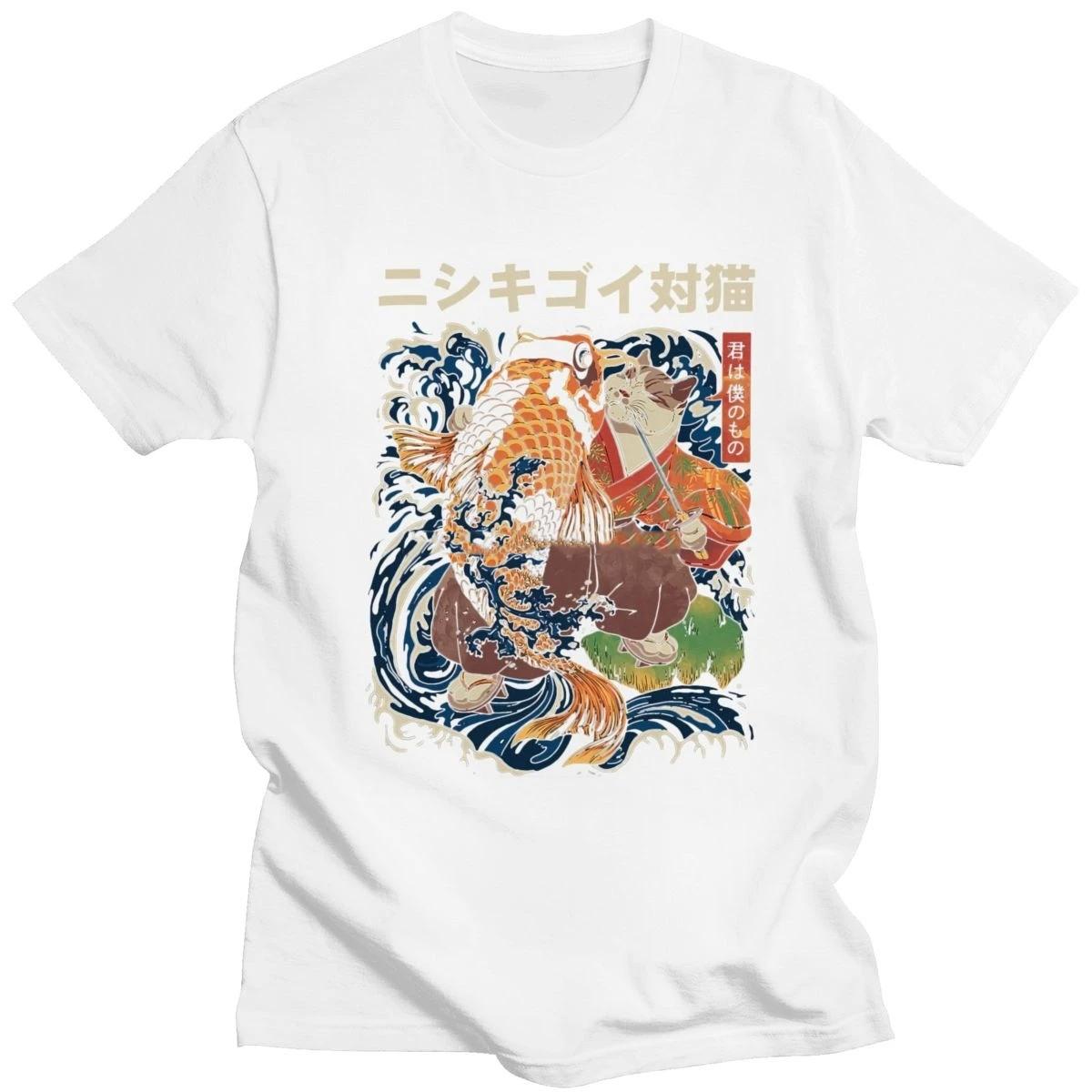 

Vintage The Cat And The Koi T Shirt Men Short Sleeved Cotton Streetwear T-shirt Graphic Tshirt Japanese Samurai Tee Tops 50613 S