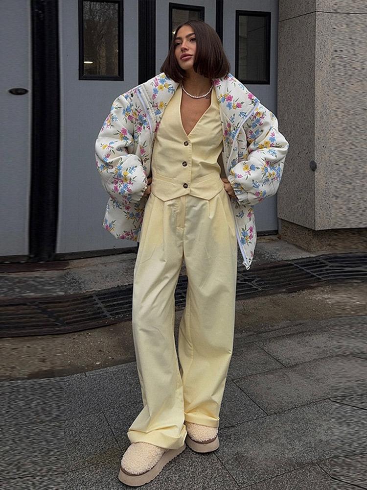 Damen Baumwollgepolsterte warme Jacke Damen dünne Daunenjacke Damen bedruckte Reißverschlussreversjacke Modestil Herbst und Winter