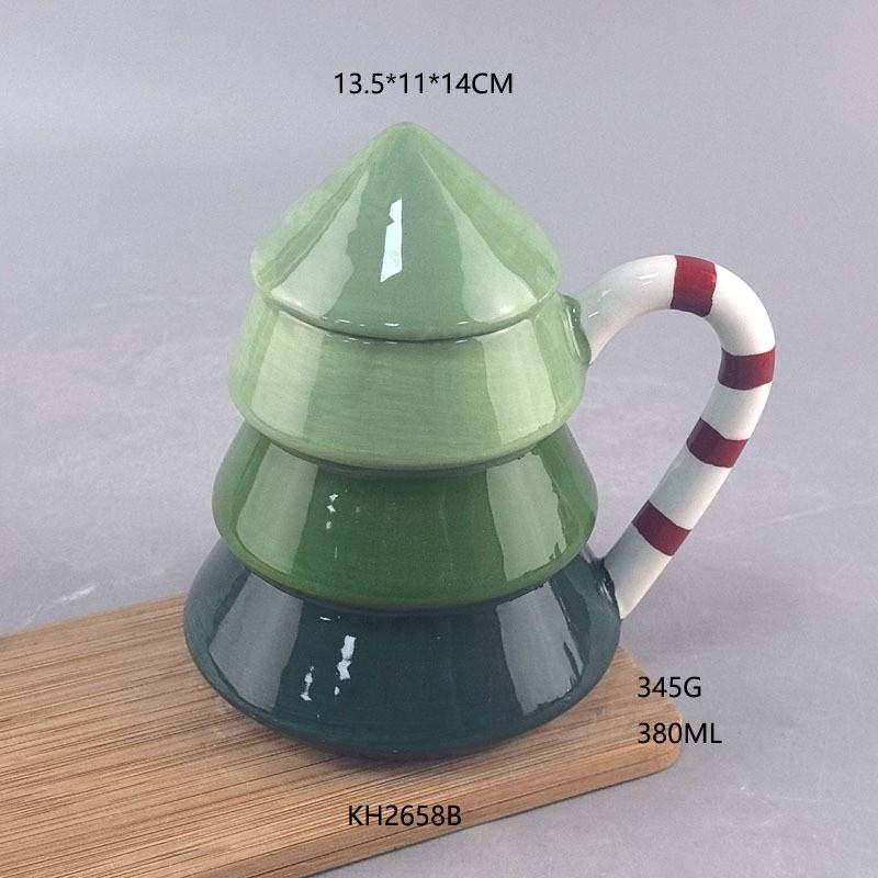 3D Christmas Tree Ceramic Mug With Lid Embossed LED Light Holiday Gift Cup