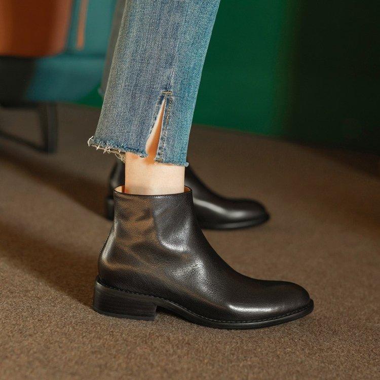 Soft Sole Thick Heel Square Head Women's Shoes Soft Leather Brown Medium Heel Short Boots Women's French Short Bare Boots