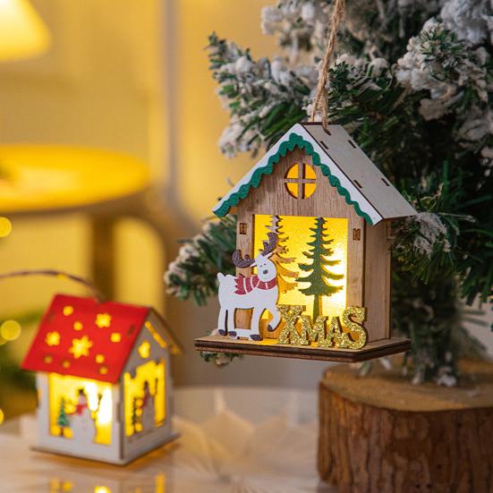 Yousheng Wooden Christmas Decor with LED Light 3D Carved Hanging Wood Star/Village House/Bell/Gift Box Ornament for Xmas Tree Decor