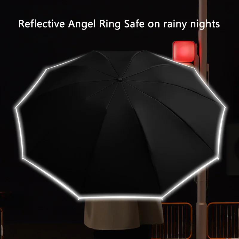 Guarda-chuva UV totalmente automático, Windproof, Reflective Stripe, Reverse Fold, Carabiner Handle, Viagem, Homens e Mulheres