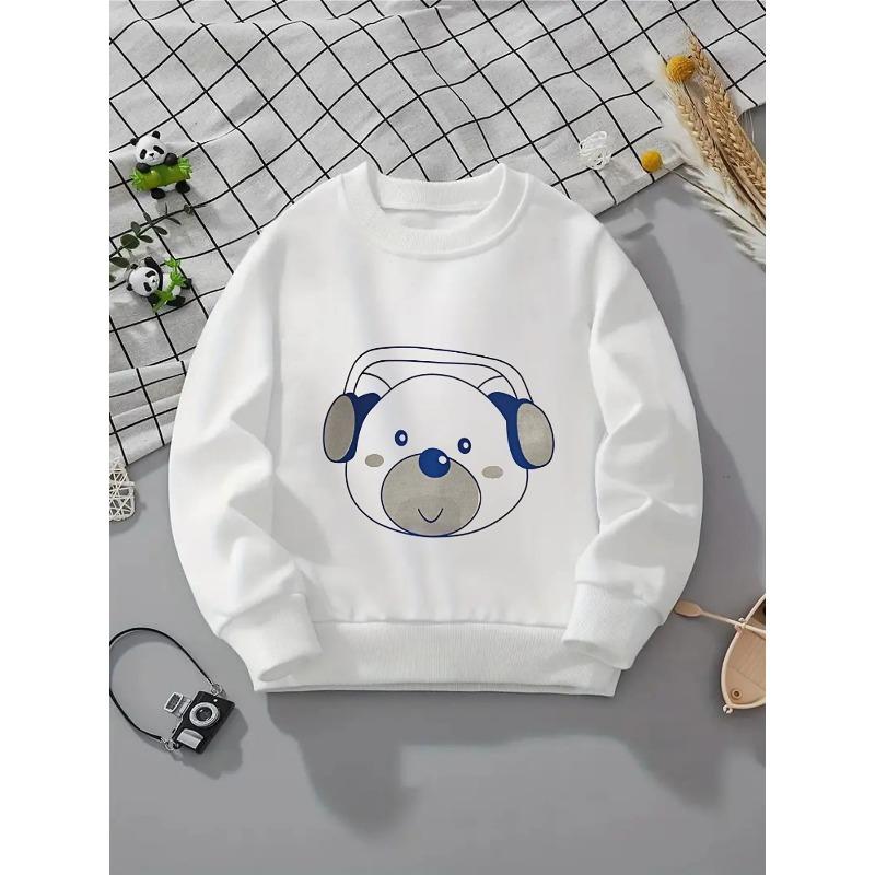 Girls' Crewneck Sweatshirt - Cute Bear Wearing Headphones Pattern Machine Washable, Spring And Autumn