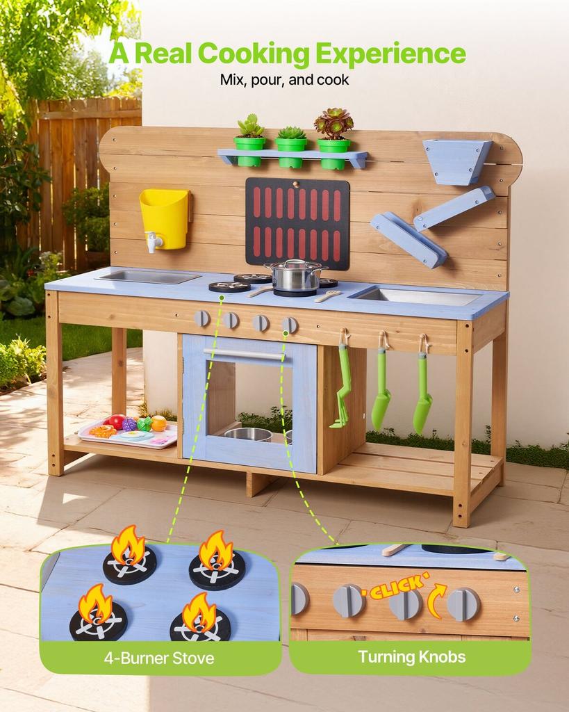Mud Kitchen, Outdoor Mud Kitchen for Kids, Wood Outdoor Play Kitchens with Stoves, Hooks, Double Sinks, Planting Shovels, Spatulas, Cookware Pots and