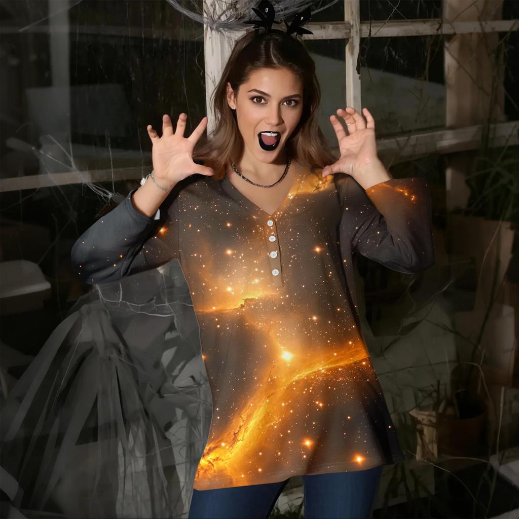 Women's Casual Fashion Sexy Comfortable Christmas Print V-Neck Button Three-quarter Sleeve Top